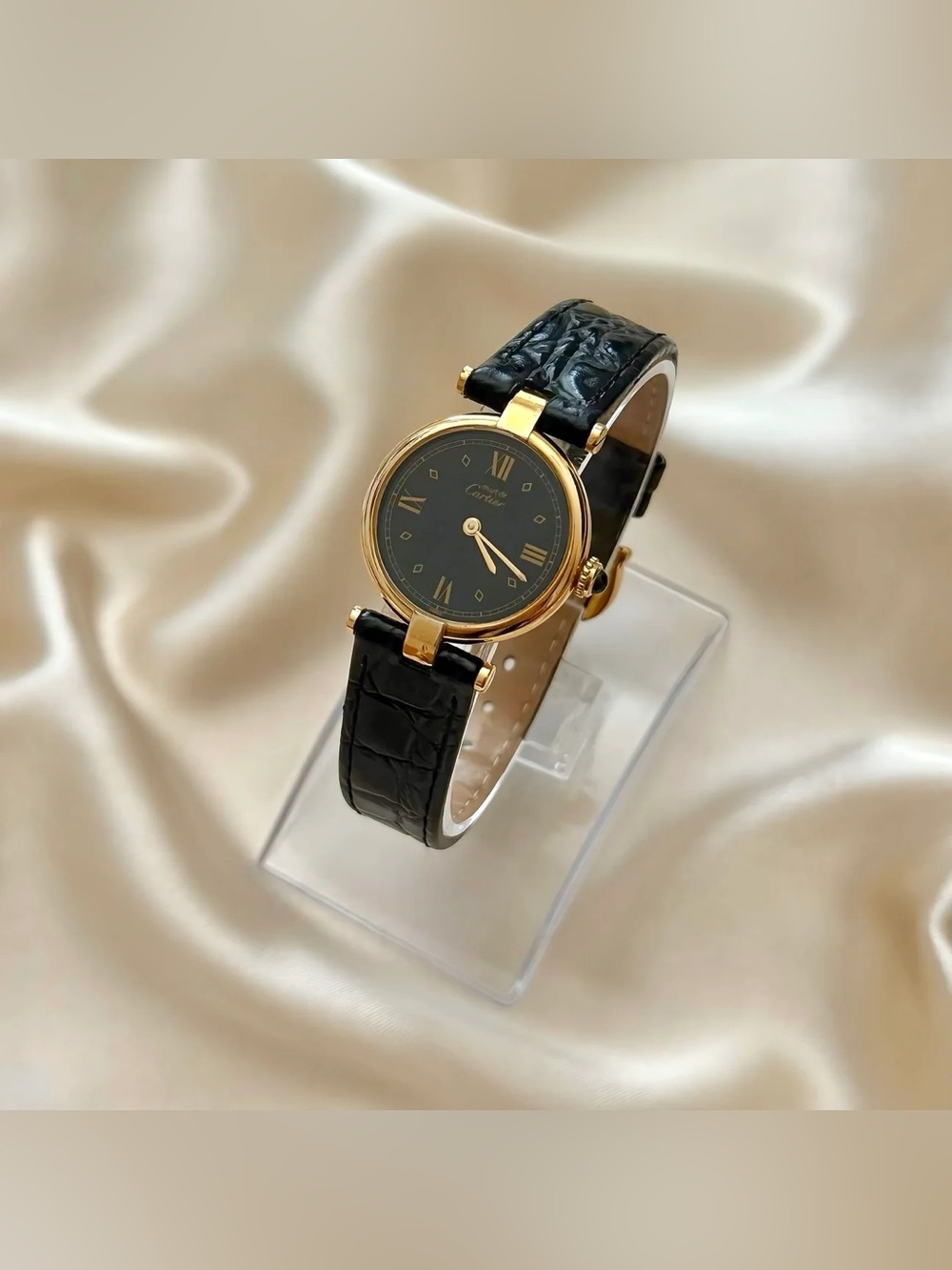 AUTHENTIC VINTAGE CARTIER BLACK LEATHER WATCH - WITH BOX - Picture 3 of 8